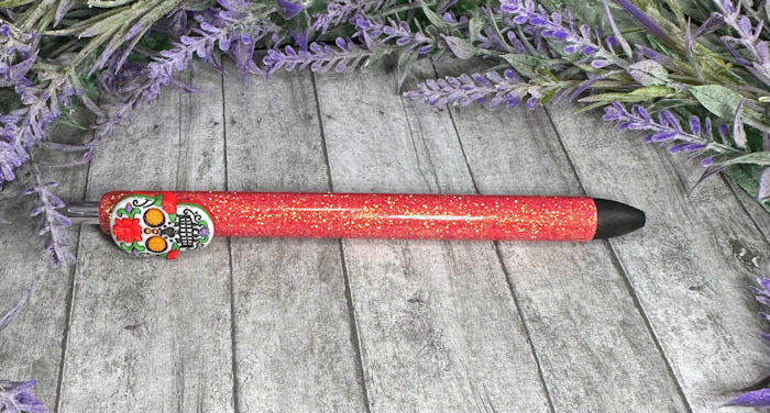 Handmade Halloween Sugar Skill on orange glitter pen with free refill