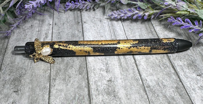 Handmade Pearl bee gold honeycomb on black glitter pen with free refill
