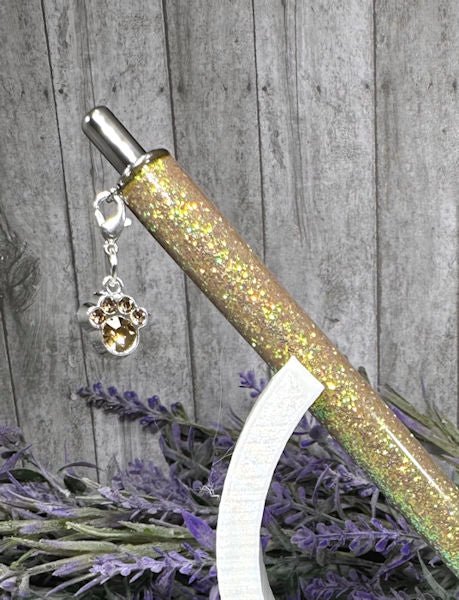 Handmade Medium Gold Dog Paw dangle charm glitter pen with free refill