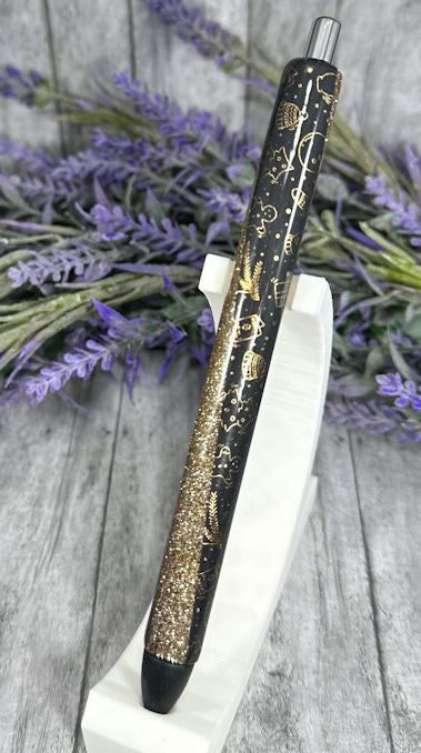 Handmade Black and Gold Christmas glitter pen with free refill