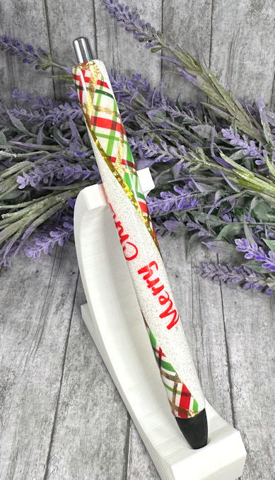 Handmade Merry Christmas Plaid glitter pen with free refill 2
