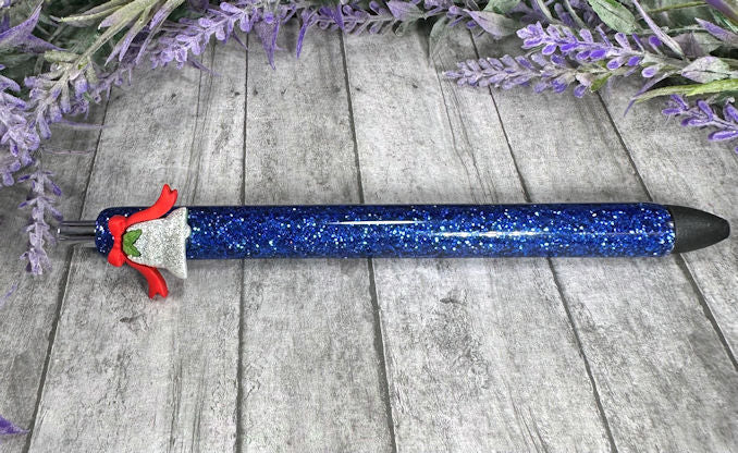 Handmade Christmas Bell on blue glitter pen with free refill