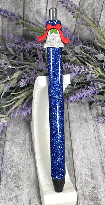 Handmade Christmas Bell on blue glitter pen with free refill
