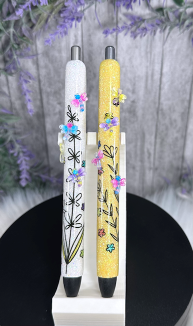 Handmade Miniature Dragonflies on yellow glitter pen with free refill