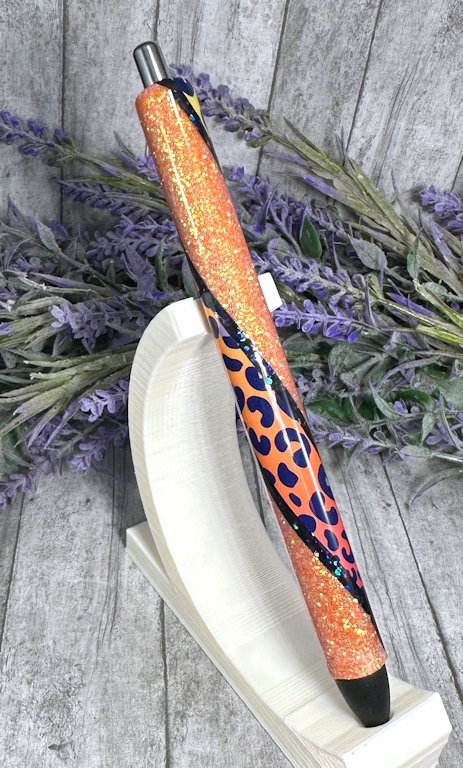Handmade animal print on orange glitter pen with free refill