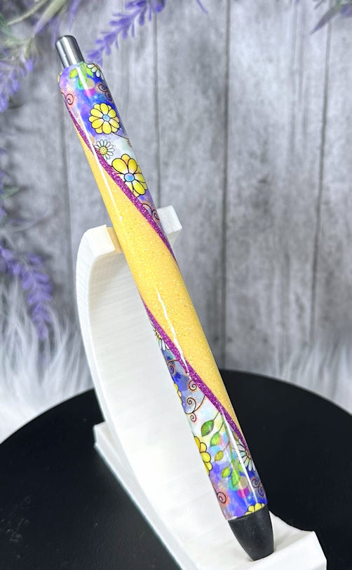 Handmade Retro Flowers on Yellow glitter pen with free refill