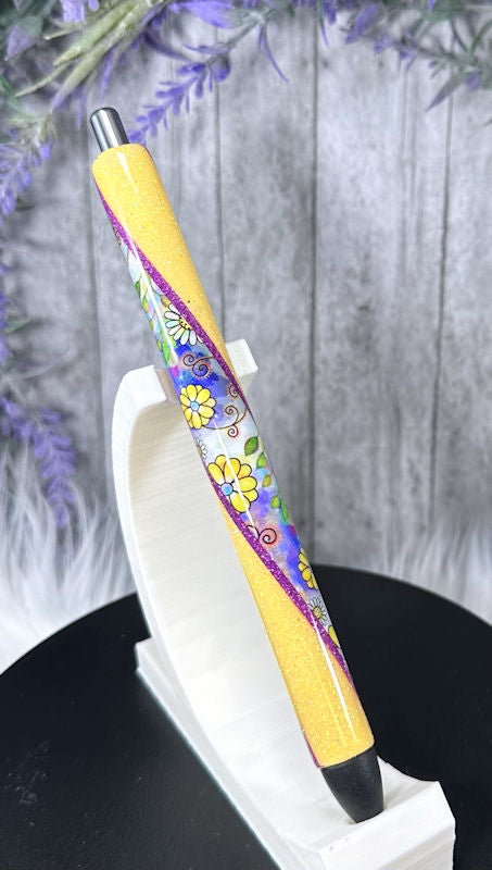 Handmade Retro Flowers on Yellow glitter pen with free refill