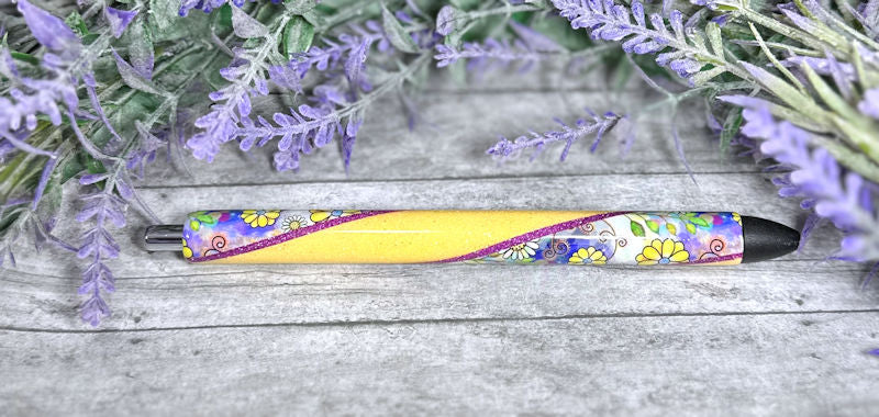 Handmade Retro Flowers on Yellow glitter pen with free refill