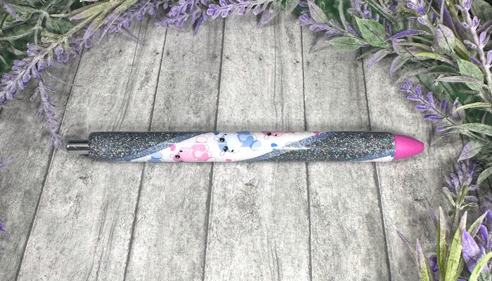 Handmade Hippos on blue glitter glitter pen with free refill