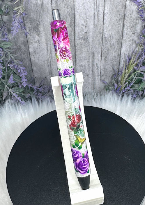 Handmade Skeleton and Flowers glitter pen with free refill