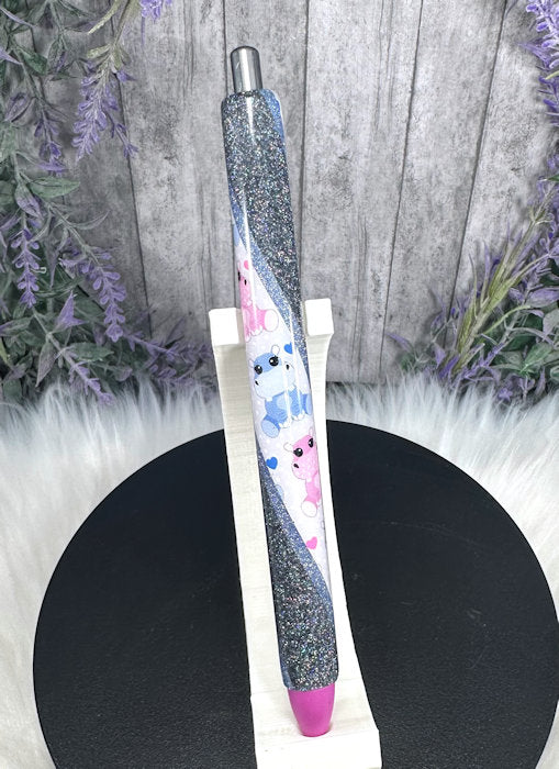 Handmade Hippos on blue glitter glitter pen with free refill