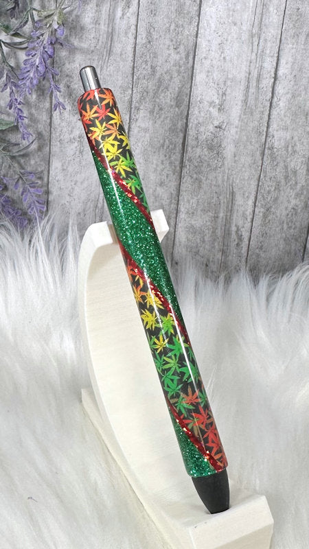 Handmade Marijuana Leaves on green glitter pen with free refill