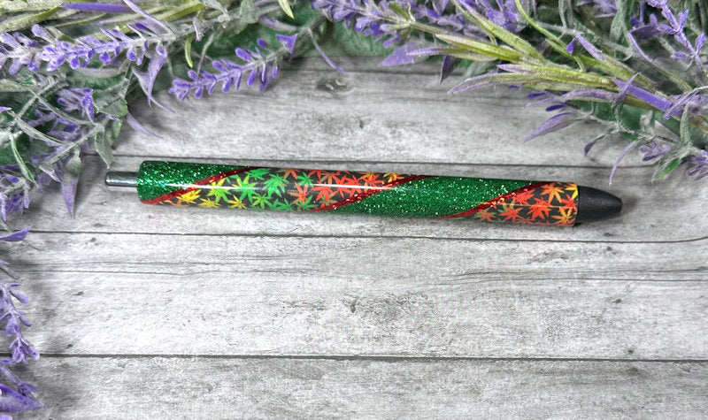Handmade Marijuana Leaves on green glitter pen with free refill