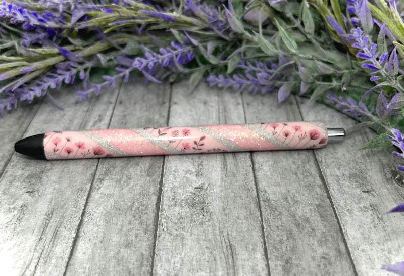 Handmade Pink flowers Washi Tape on pink glitter pen with free refill