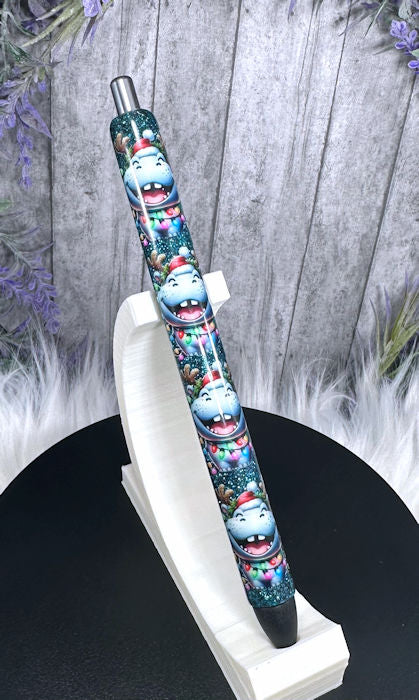 Handmade Christmas Hippos glitter pen with free refill
