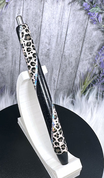 Handmade Tan animal print on Black glitter pen with free refill