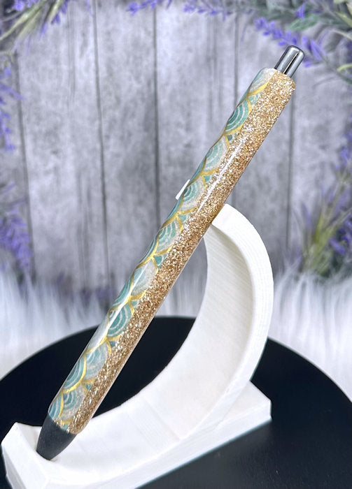 Handmade Mermaid print on gold glitter pen with free refill