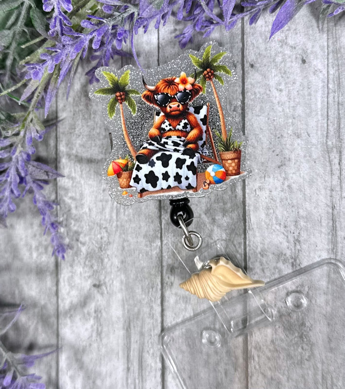 Handmade Beach Highland Cow Badge Reel