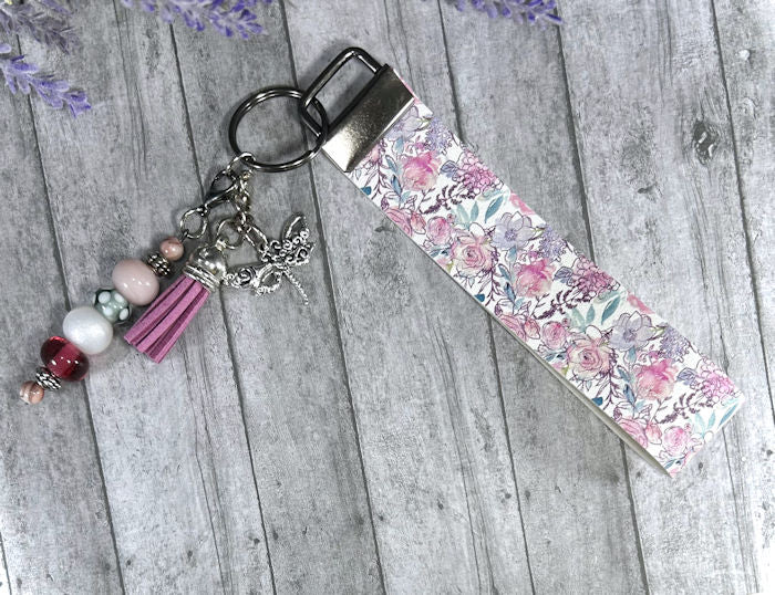 Handmade Butterfly and Flowers Faux Leather Key Fob Wristlet
