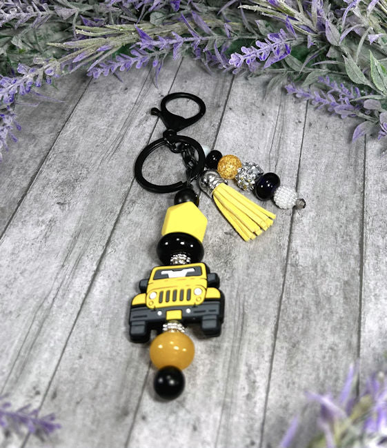Handmade Yellow Jeep Beaded Keychain With Clip and Keyring
