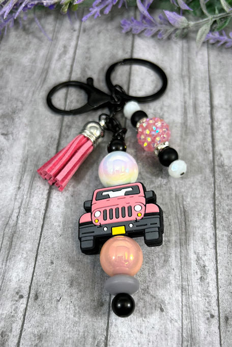 Handmade Pink Jeep Beaded Keychain With Clip and Keyring