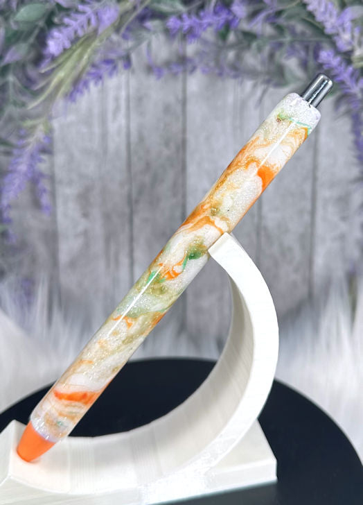 Handmade Orange Green Gold marble glitter pen with free refill