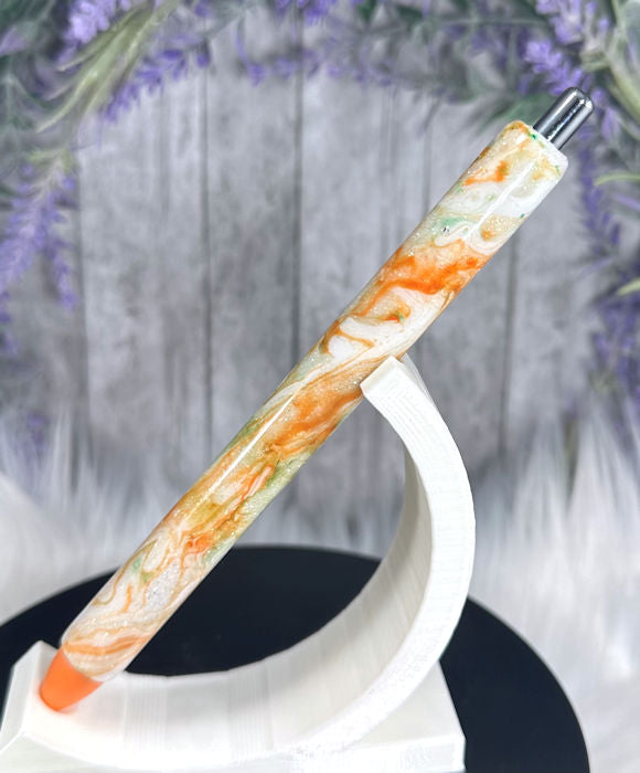 Handmade Orange Green Gold marble glitter pen with free refill