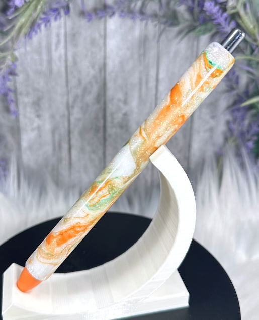 Handmade Orange Green Gold marble glitter pen with free refill