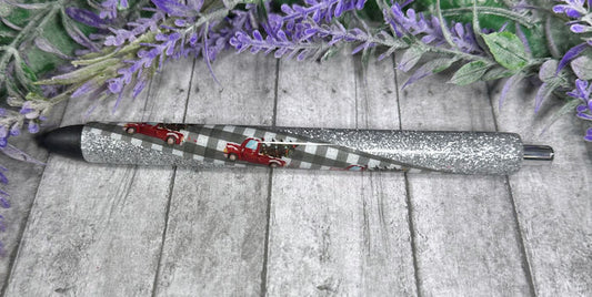 Handmade Christmas Trucks on silver glitter pen with free refill