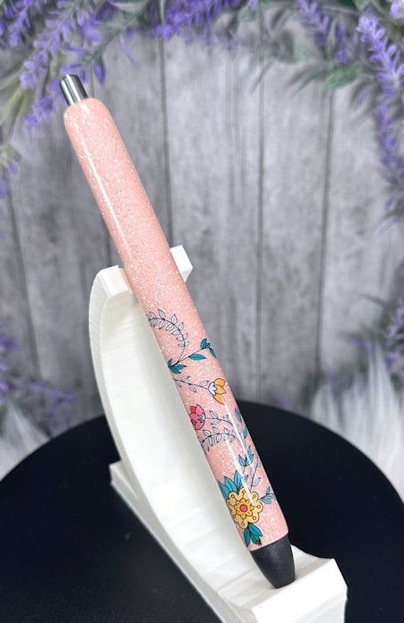 Handmade Floral pattern on peach glitter pen with free refill