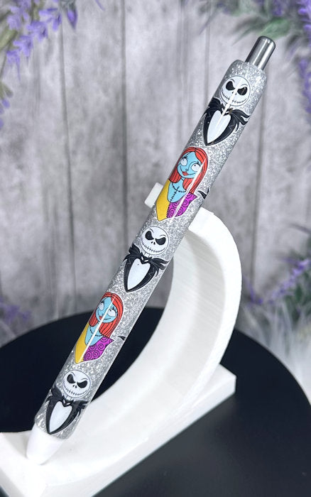 Handmade Jack and Sally glitter pen with free refill