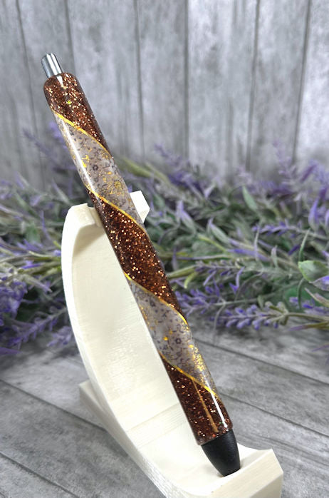 Handmade Gold Flowers on brown glitter pen with free refill