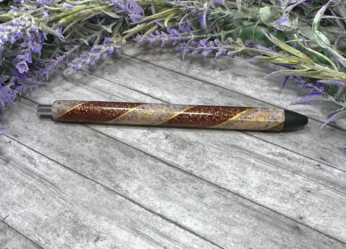 Handmade Gold Flowers on brown glitter pen with free refill