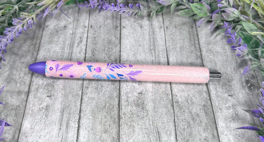 Handmade Flowers on pink glitter pen with free refill