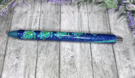 Handmade Sea Turtles on blue glitter pen with free refill
