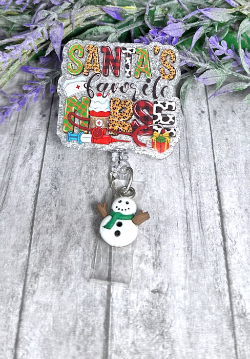 Handmade Santa's Favorite Nurse Snowman Badge Reel