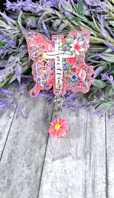 Handmade Faith Pink Butterfly Badge Reel