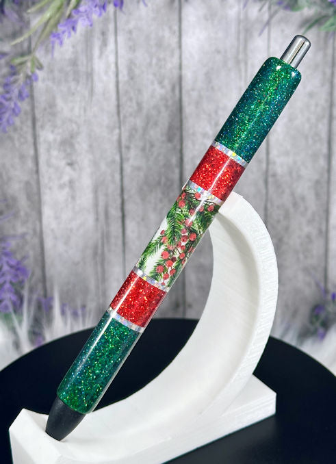 Handmade Horizontal Christmas Greenery glitter pen with free refill