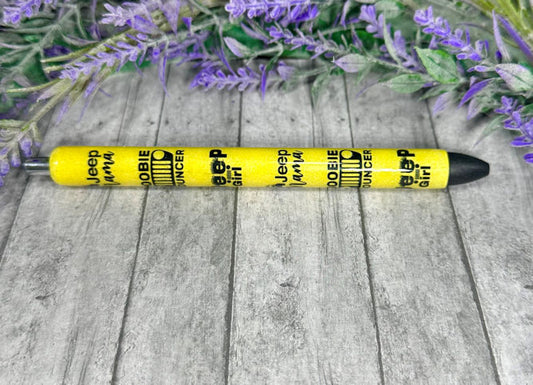 Handmade Yellow Jeep Girls glitter pen with free refill