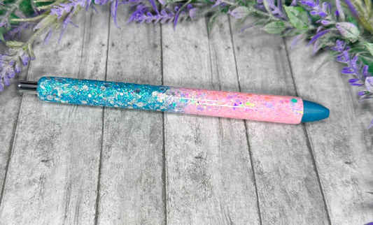 Handmade Ombre Aqua Blue and Pink Chunky glitter pen with free refill