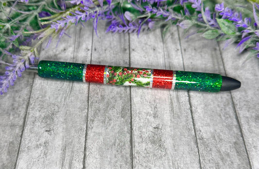 Handmade Horizontal Christmas Greenery glitter pen with free refill