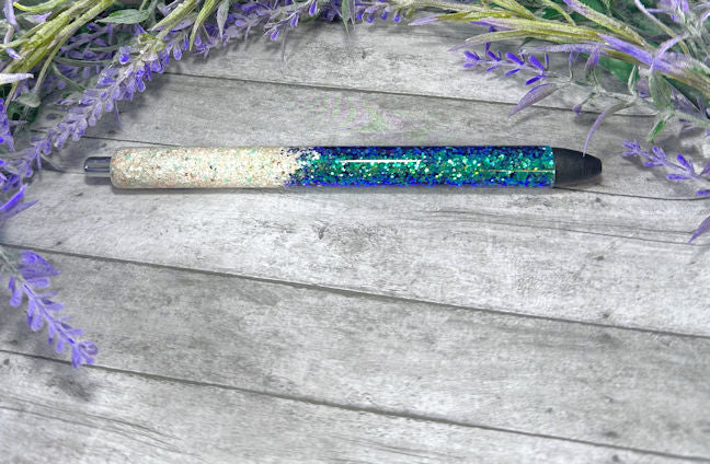 Handmade Beige and Aqua Blue Holographic Ombre glitter pen with free refill
