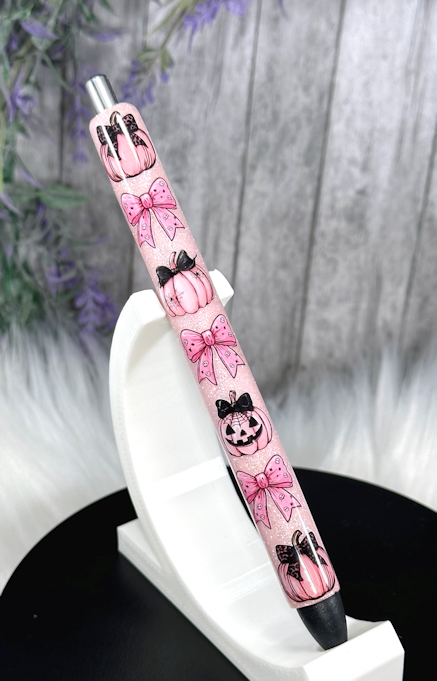 Handmade Halloween Pumpkins on pink glitter pen with free refill