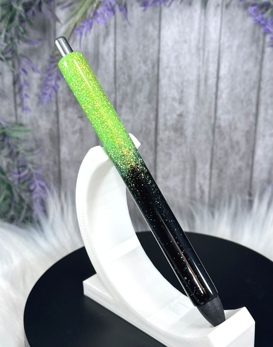 Handmade Ombre Black and Bright Green glitter pen with free refill