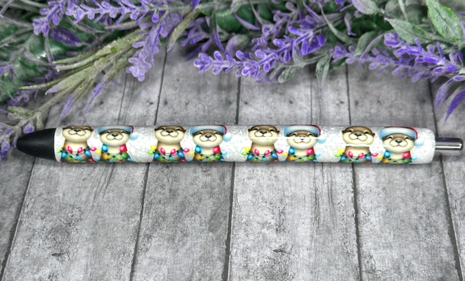 Handmade Christmas Otters glitter pen with free refill