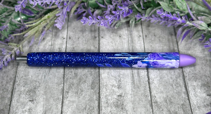 Handmade Lavender Flowers on blue glitter pen with free refill