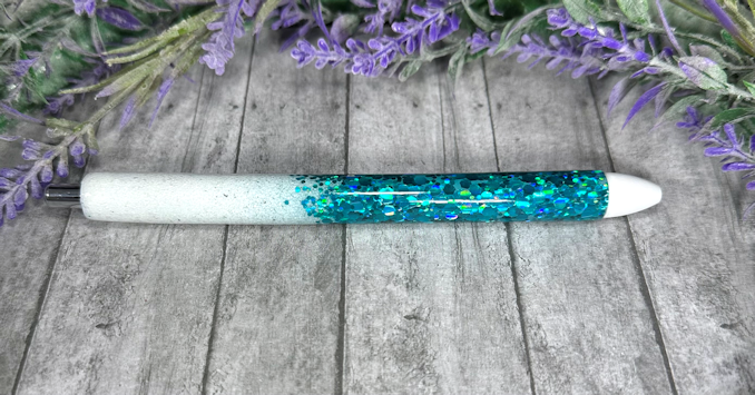 Handmade Ombre Dark Aqua and White glitter pen with free refill