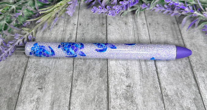 Handmade Sea Turtles on lavender glitter pen with free refill