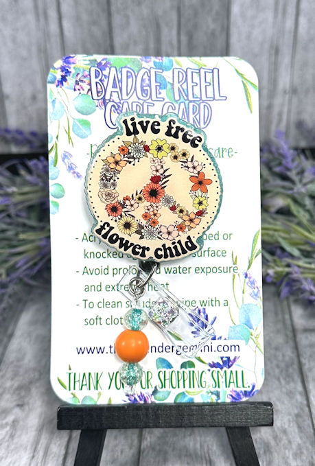 Handmade Hippie Live Free Flower Child Badge Reel