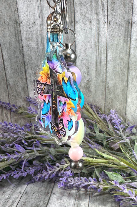 Handmade Beaded Multi Color Christian Faith Easter Keychain With Clip and Keyring